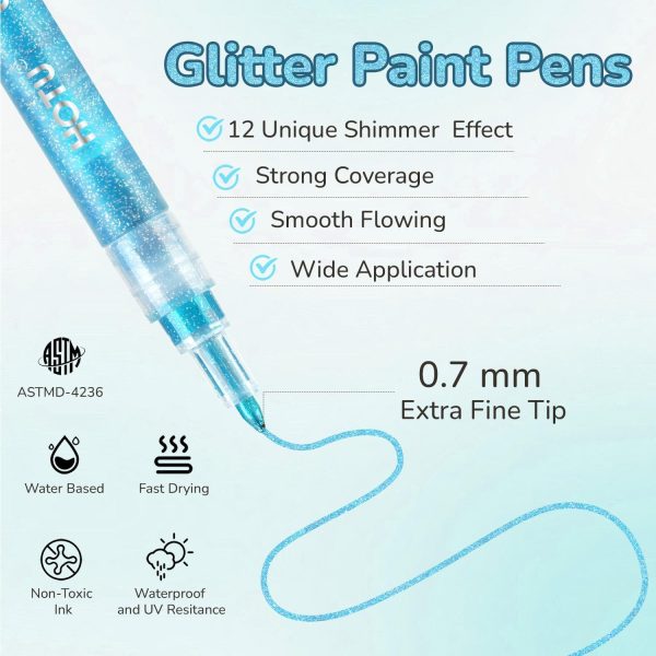 Glitter Markers Pen, 12 Glitter Colors Paint Pens Sparkly Metallic Shimmer Acrylic Marker Fine Point Tip 0.7mm Water-based Ink for Kids Adults DIY Crafts Greeting Birthday Cards markers pen