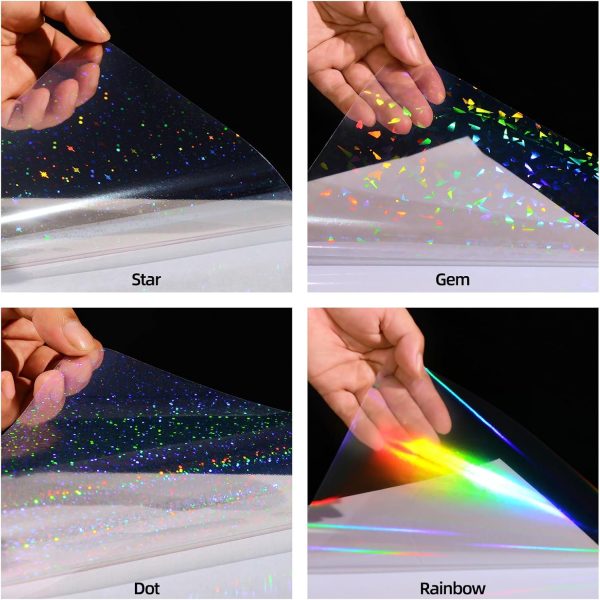 36 Sheets Holographic Sticker Paper, Transparent Holographic Vinyl Laminate Film, Clear Overlay Lamination Sticker Paper Self Adhesive Waterproof - Gem, Dot, Colorful, Star Patterns/8.5x11 inch-3
