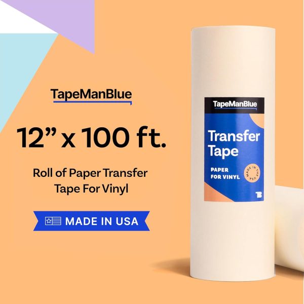 TapeManBlue 12" x 100' Roll of Paper Transfer Tape for Vinyl, Made in America, Premium-Grade Transfer Paper for Vinyl with Layflat Adhesive for Crafts, Decals, and Letters tapemanblue transfer tape for vinyl