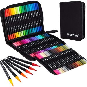 Nicecho Art Markers Dual Brush Pens for Coloring, 60 Artist Colored Marker Set, Fine and Brush Tip Pen Art Supplier for Adult Coloring Books, Bullet Journaling, Drawing markers base