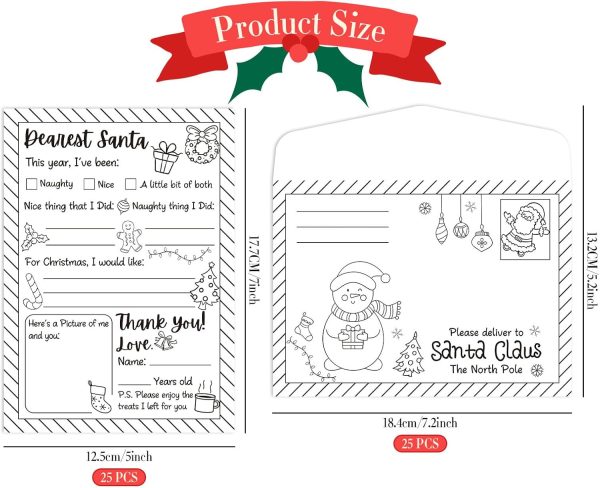 Whaline 25 Sets Color Your Own Letter to Santa with Envelopes Christmas Stripe Border Coloring Writing Paper Xmas DIY Coloring Writing Party Favors for School Family Crafts, 5 x 7 Inch-1