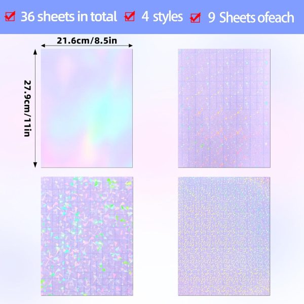 36 Sheets Holographic Sticker Paper, Transparent Holographic Vinyl Laminate Film, Clear Overlay Lamination Sticker Paper Self Adhesive Waterproof - Gem, Dot, Colorful, Star Patterns/8.5x11 inch-2