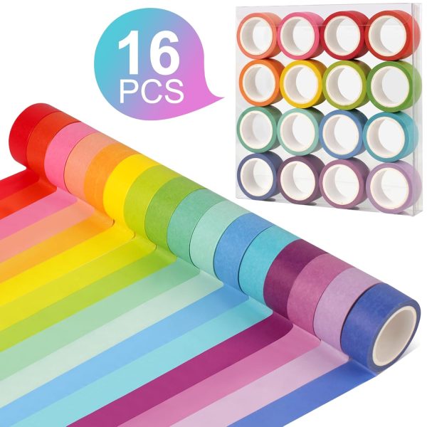 Phinus Washi Tape Set, 16 Pack Decorative Tape, Multicolor, 15mm x 5m, Reusable, Ideal for Gift Wrapping, Journaling, Crafting, Decoration taper
