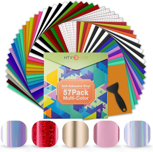 HTVRONT Permanent Vinyl - 57 Pack 12" x 12" Permanent Adhensive Vinyl Bundle Compatible with Cricut Cutting Machine, 52 Adhensive Sheets and 5 Transfer Tape Sets for Party Decoration, Stiker htvront dtf