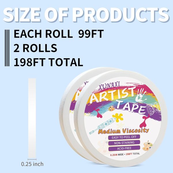 2 Packs Artist Tape Medium Tack White Art Tape for Watercolor Paper Drafting Art Painting Canvas Framing Acid Free Masking Tape- 0.25IN Wide 197FT Long Total packsize