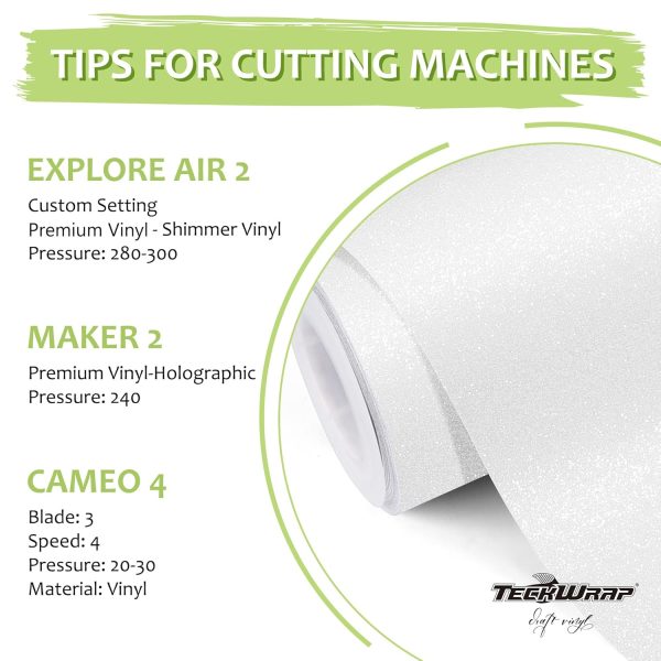 TECKWRAP White Permanent Glitter Vinyl – White Glitter Adhesive Vinyl Roll 1ft x 5ft, Shimmer Vinyl for DIY Crafts, Decals, Stickers vinyl records