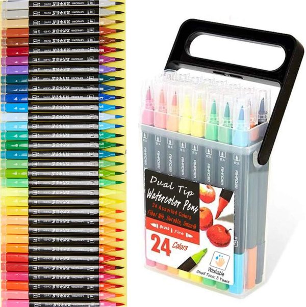 Dual Tip Markers for Kids, Washable Markers Set, Art Marker with Stand Portable Box, Gift For Kids (24 Colours) tiptop