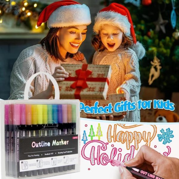 Double Line Outline Markers 24 Colors Super Squiggles Glitter Markers Self Outline Metallic Marker, Doodle Shimmer Marker Drawing Pens for Christmas Greeting Card, Birthday Gift, DIY Art Crafts-3