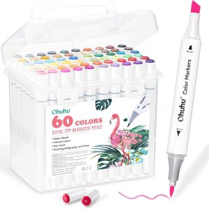 Ohuhu Markers for Adult Coloring Books No Bleeding 60 Colors Water-based Dual Tips Coloring Markers for Kids Adults Beginners Drawing Pens for Journaling Lettering (Brush & Chisel) makerspace