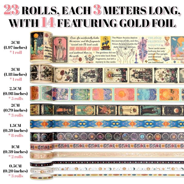 Gold Foil Washi Tape Set – 23 Rolls Tarot Washi Stickers Vintage Decorative Tapes for Journaling Supplies, Scrapbooking, DIY Crafts, Junk Journal, Craft Supplies(Celestial Symbols/ Starry/ Magic)-1