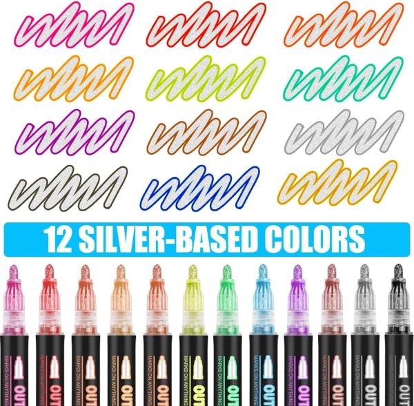 Outline Marker Self-outline Metallic Markers, 12 Colors Squiggles Shimmer Outline Markers Pen Set for Drawing Art School Supplies, Glitter Pen Set for Cards Lettering, Gift for 4-12 Year Old Girl markers pen