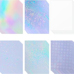36 Sheets Holographic Sticker Paper Holographic Clear Vinyl Self Adhesive Waterproof Transparent Laminating Sheets Rainbow Overlay with A4 (11.7 x 8.3 Inch) 6 Styles Mixed-0
