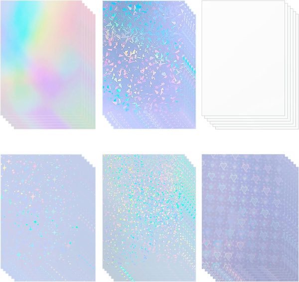 36 Sheets Holographic Sticker Paper Holographic Clear Vinyl Self Adhesive Waterproof Transparent Laminating Sheets Rainbow Overlay with A4 (11.7 x 8.3 Inch) 6 Styles Mixed papercut