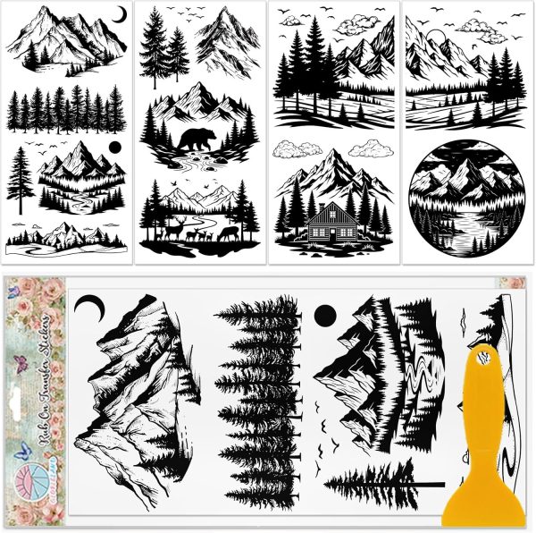 GLOBLELAND 4 Sheets Black and White Mountains Furniture Transfers 6x12inch Forest Animals Rub on Transfer UV Self-Adhesive Stickers Wall Art Craft for Bedroom Living Room Table Decoration-0