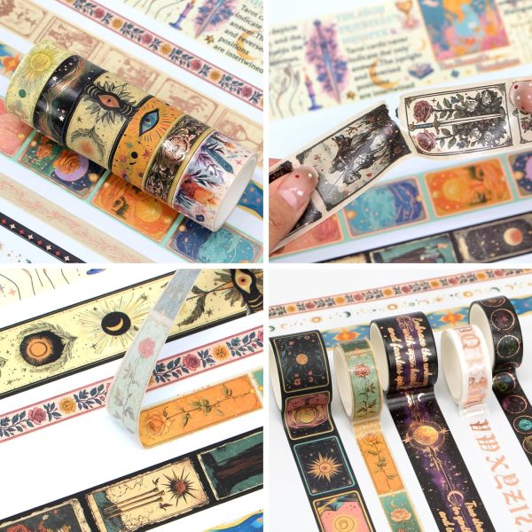Gold Foil Washi Tape Set – 23 Rolls Tarot Washi Stickers Vintage Decorative Tapes for Journaling Supplies, Scrapbooking, DIY Crafts, Junk Journal, Craft Supplies(Celestial Symbols/ Starry/ Magic)-2