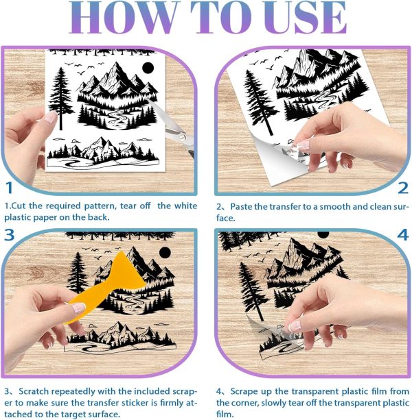 GLOBLELAND 4 Sheets Black and White Mountains Furniture Transfers 6x12inch Forest Animals Rub on Transfer UV Self-Adhesive Stickers Wall Art Craft for Bedroom Living Room Table Decoration-2