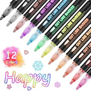 Outline Marker Self-outline Metallic Markers, 12 Colors Squiggles Shimmer Outline Markers Pen Set for Drawing Art School Supplies, Glitter Pen Set for Cards Lettering, Gift for 4-12 Year Old Girl outliner