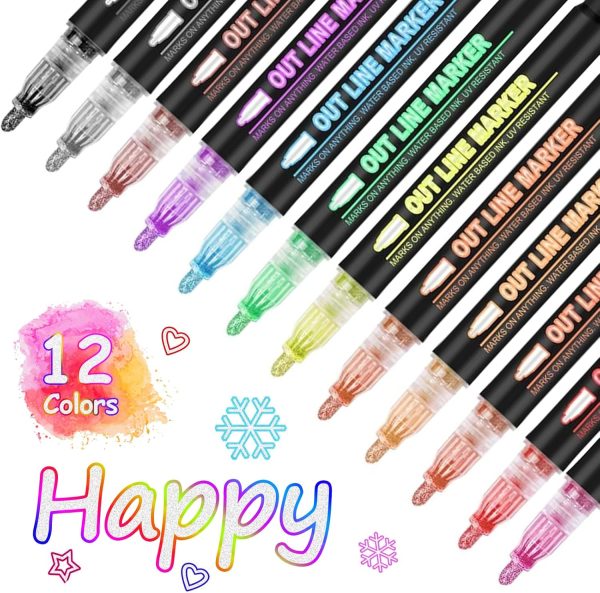 Outline Marker Self-outline Metallic Markers, 12 Colors Squiggles Shimmer Outline Markers Pen Set for Drawing Art School Supplies, Glitter Pen Set for Cards Lettering, Gift for 4-12 Year Old Girl outliner