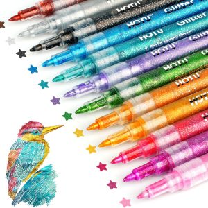 Glitter Markers Pen, 12 Glitter Colors Paint Pens Sparkly Metallic Shimmer Acrylic Marker Fine Point Tip 0.7mm Water-based Ink for Kids Adults DIY Crafts Greeting Birthday Cards-0