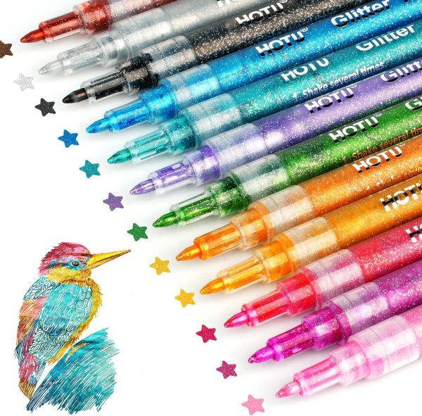 Glitter Markers Pen, 12 Glitter Colors Paint Pens Sparkly Metallic Shimmer Acrylic Marker Fine Point Tip 0.7mm Water-based Ink for Kids Adults DIY Crafts Greeting Birthday Cards glitter