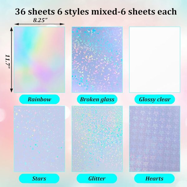 36 Sheets Holographic Sticker Paper Holographic Clear Vinyl Self Adhesive Waterproof Transparent Laminating Sheets Rainbow Overlay with A4 (11.7 x 8.3 Inch) 6 Styles Mixed sticker printing