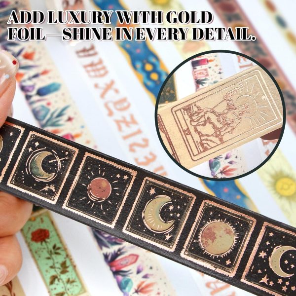 Gold Foil Washi Tape Set – 23 Rolls Tarot Washi Stickers Vintage Decorative Tapes for Journaling Supplies, Scrapbooking, DIY Crafts, Junk Journal, Craft Supplies(Celestial Symbols/ Starry/ Magic)-3