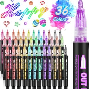 Double Line Outline Markers, 36 Colors Super Squiggles Shimmer Outline Marker Pen Set, Self Outline Metallic Markers Glitter Writing Drawing Pens for Birthday Greeting Card, Doodling, DIY Art Crafts-0