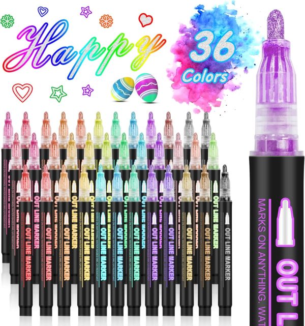 Double Line Outline Markers, 36 Colors Super Squiggles Shimmer Outline Marker Pen Set, Self Outline Metallic Markers Glitter Writing Drawing Pens for Birthday Greeting Card, Doodling, DIY Art Crafts double rl