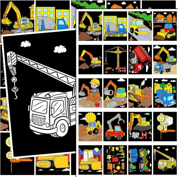 20pcs Construction Fuzzy Velvet Coloring Posters Velvet DIY Crafts Kits Color Your Own Construction Trucks Posters DIY Crafts for Family Time, Arts and Crafts, Travel, Quiet Time, Sharing, Party-0