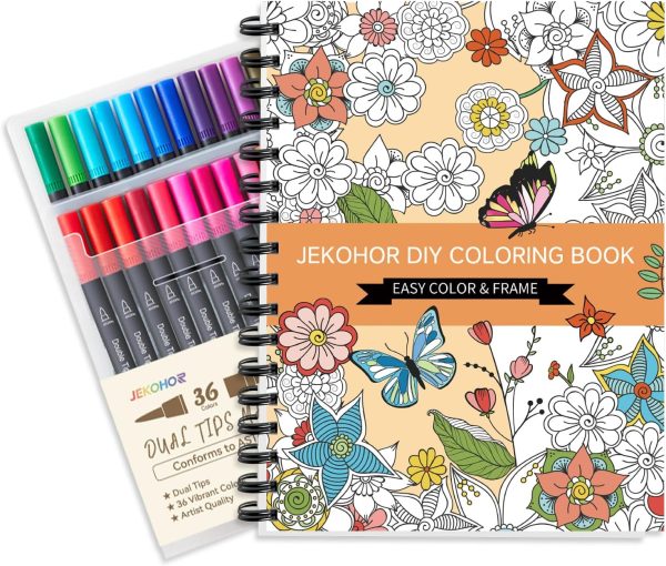 Adult Coloring Book Set,Spiral Bound Coloring Book for Adults Relaxation with 36 Colors Markers, Anxiety Relief Gifts with 30 Patterns Included Mandala Animal Flowers spiral staircase
