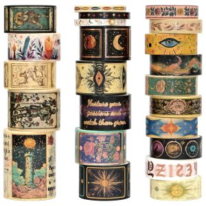 Gold Foil Washi Tape Set – 23 Rolls Tarot Washi Stickers Vintage Decorative Tapes for Journaling Supplies, Scrapbooking, DIY Crafts, Junk Journal, Craft Supplies(Celestial Symbols/ Starry/ Magic) golden