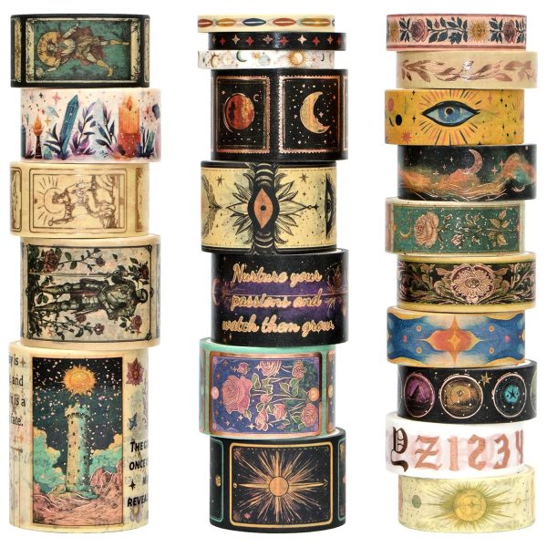 Gold Foil Washi Tape Set – 23 Rolls Tarot Washi Stickers Vintage Decorative Tapes for Journaling Supplies, Scrapbooking, DIY Crafts, Junk Journal, Craft Supplies(Celestial Symbols/ Starry/ Magic) golden