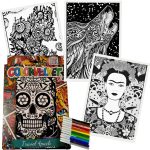 Colorvelvet 4 Pack Velvet Coloring Posters- Assorted- Arts & Craft Kit Includes a Wolf, Sugar Skull, Sunflowers, Frida Kahlo and 12 Felt Tip Markers- Ideal for Travel- Boys and Girls 3+-0