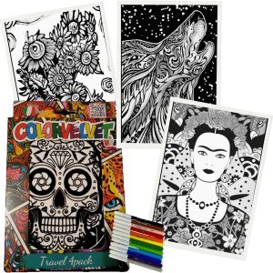 Colorvelvet 4 Pack Velvet Coloring Posters- Assorted- Arts & Craft Kit Includes a Wolf, Sugar Skull, Sunflowers, Frida Kahlo and 12 Felt Tip Markers- Ideal for Travel- Boys and Girls 3+-0