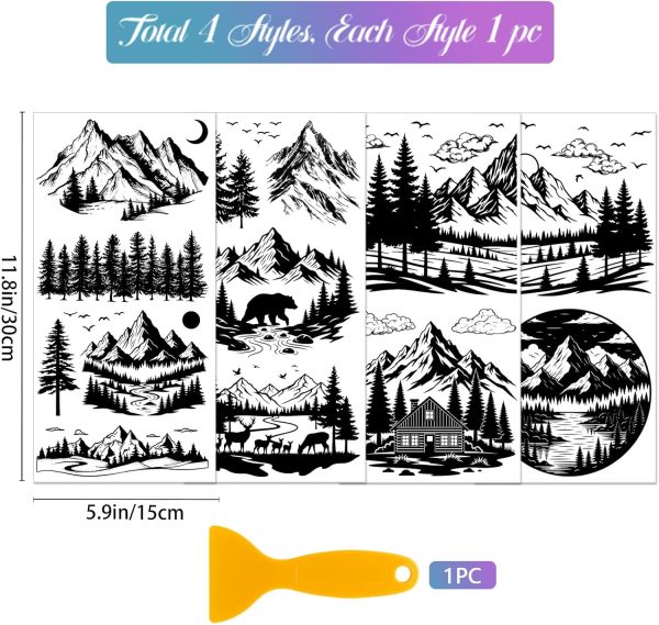 GLOBLELAND 4 Sheets Black and White Mountains Furniture Transfers 6x12inch Forest Animals Rub on Transfer UV Self-Adhesive Stickers Wall Art Craft for Bedroom Living Room Table Decoration-1