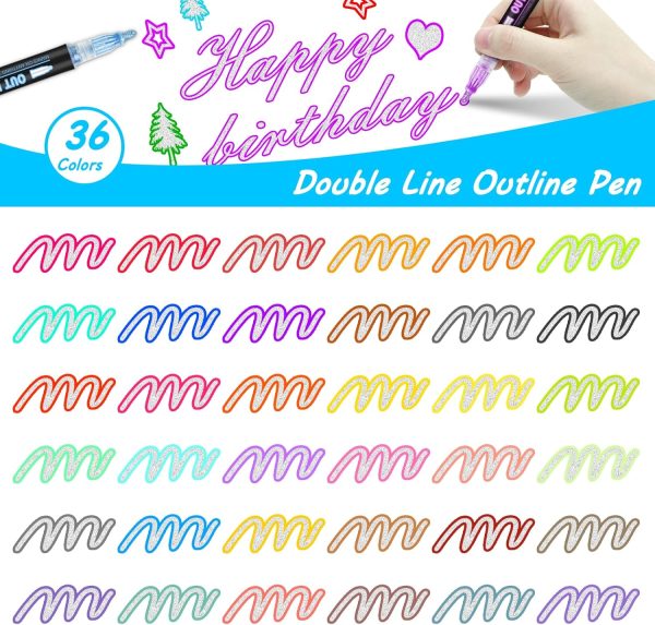 Double Line Outline Markers, 36 Colors Super Squiggles Shimmer Outline Marker Pen Set, Self Outline Metallic Markers Glitter Writing Drawing Pens for Birthday Greeting Card, Doodling, DIY Art Crafts markers and minions