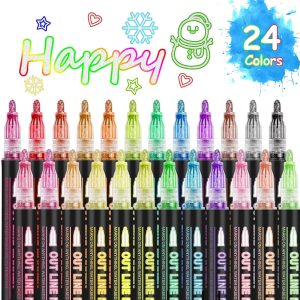 Double Line Outline Markers 24 Colors Super Squiggles Glitter Markers Self Outline Metallic Marker, Doodle Shimmer Marker Drawing Pens for Christmas Greeting Card, Birthday Gift, DIY Art Crafts-0