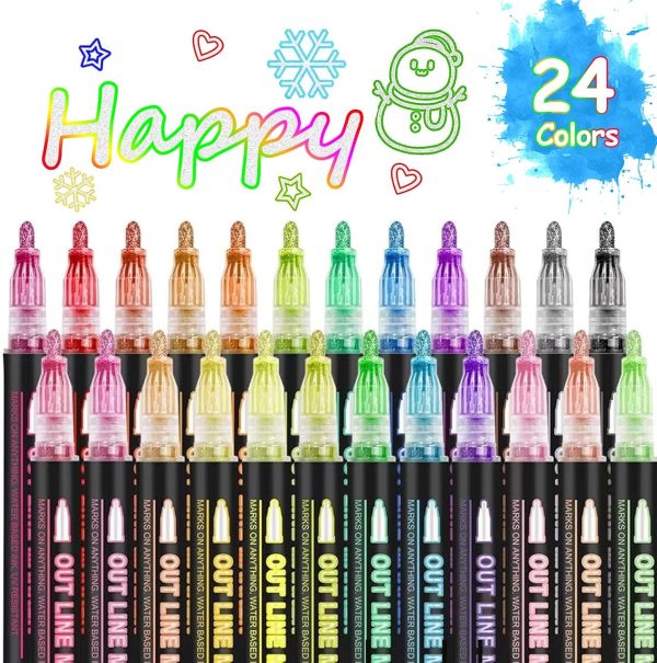 Double Line Outline Markers 24 Colors Super Squiggles Glitter Markers Self Outline Metallic Marker, Doodle Shimmer Marker Drawing Pens for Christmas Greeting Card, Birthday Gift, DIY Art Crafts double bass