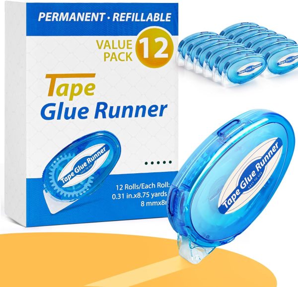 12 Pack Double Sided Tape Roller, 8mm x 315 Inch Permanent Adhesive Scrapbook Tape Dispenser Runner, Glue Tape Roller for Scrapbooking, Crafts and Arts Projects, Photo-Safe, Smooth & Clean double chicken please