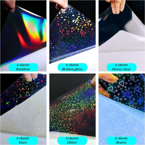 36 Sheets Holographic Sticker Paper Holographic Clear Vinyl Self Adhesive Waterproof Transparent Laminating Sheets Rainbow Overlay with A4 (11.7 x 8.3 Inch) 6 Styles Mixed holographic weapon sight