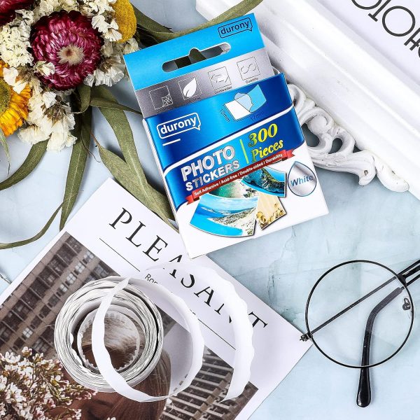 Durony 300 Pieces Photo Sticker White Double-Sided Self Adhesive Photo Tapes for Pictures DIY Photo Album Journal photogrid