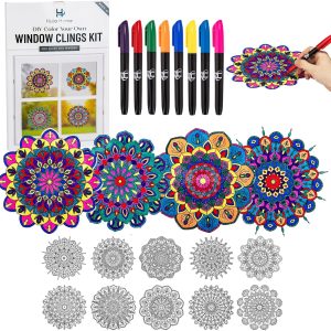 Hula Home Stained Glass Mandala Art Kit - DIY Window Clings with Markers, 10 Suncatchers - Perfect Hobby for Adults, Kids, Teens & Seniors - Ideal Gift for Beginners, Women & Elderly-0