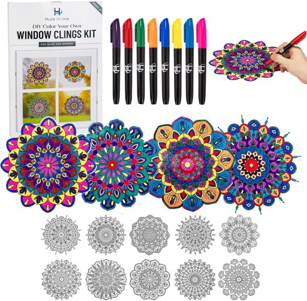Hula Home Stained Glass Mandala Art Kit - DIY Window Clings with Markers, 10 Suncatchers - Perfect Hobby for Adults, Kids, Teens & Seniors - Ideal Gift for Beginners, Women & Elderly stained glass
