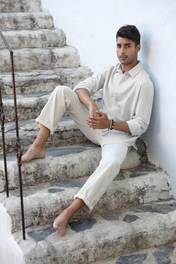 Runcati Leinenhemd Herren Langarm Business Freizeithemd-3