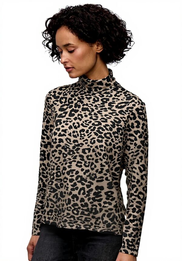 Street One Damen Rollkragenshirt Gemustert Schwarz Beige