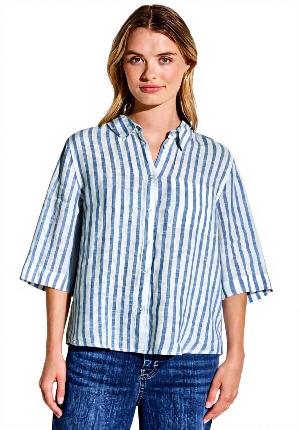 Street One Damen Bluse Gestreift Leinen Kurzarm
